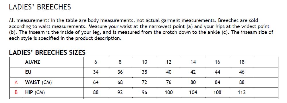 Horze Breeches Size Chart