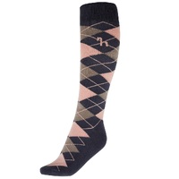 Horze Alana Checked Sock- Blackened Pearl Grey/ Coral Pink