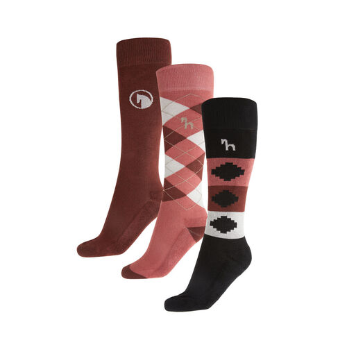 Horze Bamboo Knee Socks (3-Pack) - Black/ Marasala Red